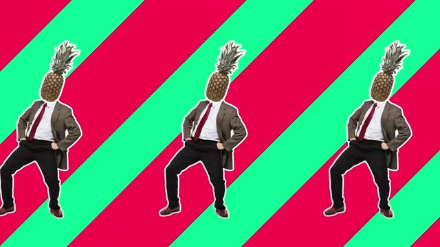 Stop motion design or art 2D animation. Dancing businessman with pineapple head. Fashion dance with color background. Funny man. Modern, conceptual, contemporary bright 4k collage. Summer time concept
