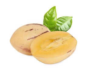 Fresh ripe pepino melons and green leaves on white background