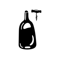 Black and white illustration of a bottle and a cork screw, kitchen ware, utensils. Doodle vector design for web and print. 