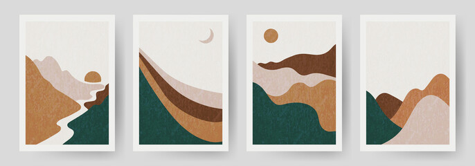 Set Abstract Landscape of Mountains with the  and Moon in a Minimal Trendy Style. Vector Background in Terracotta Colors for covers, Posters, Postcards, social media Stories. Boho Art Prints.