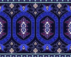 Tapeten Decorative ornamental border. Arabian seamless pattern. Blue ethnic wallpaper. Dark blue geometric pattern. Indian textile design. Turkish tile wallpaper. Asian decoupage ornament. © sunny_lion