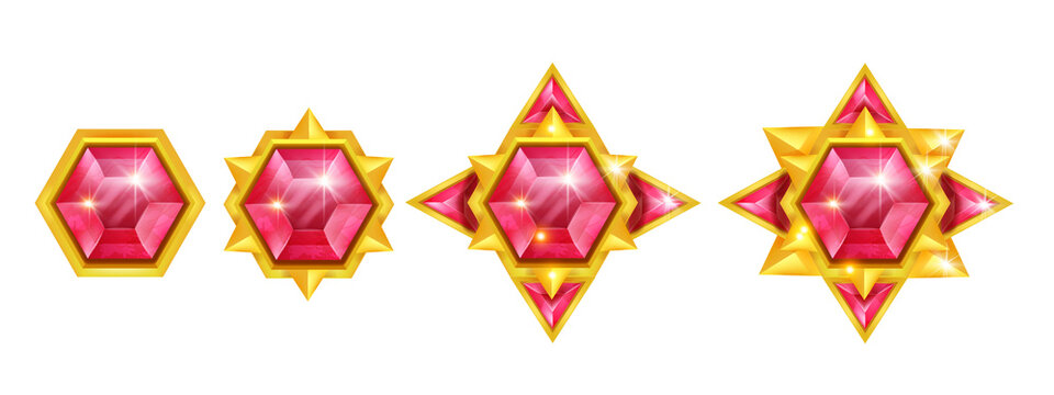 Game gem vector stone icon set, red crystal jewel treasure illustration kit, gold star award medal. Rating trophy UI badge, royal achievement reward design, level up magic objects. Game gem ruby asset