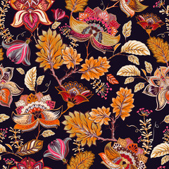 Floral seamless pattern. Indian wallpaper. Design for textile, wallpaper, web, print, paper, backdrop, background. Indian floral paisley, curly branches flowers. Vector clipart.  - 454588029