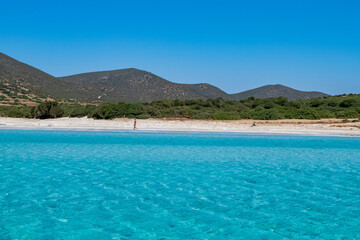 Beautiful view of the southern Sardinian sea. The incredible colors of Zafferano bay, Teulada, Italy.