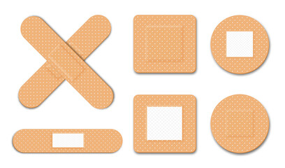 First aid, medical bandage or patch. Adhesive plaster for damaged skin and wound. Set of different medical patches for first aid. Realistic medical bandages in different shapes. Vector