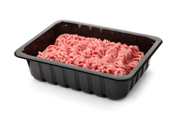 Fresh raw minced meat in black plastic tray