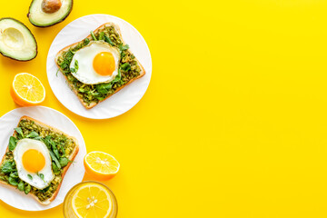 Breakfast with toasts of fried eggs and avocado saurce. Top view