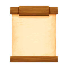 Wood planks with parchment paper in cartoon style isolated on white background. Frame, medieval panel, menu. Empty gui asset, signboard.