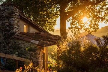 Sunrise by a cottage in Midi Pyrenees, France