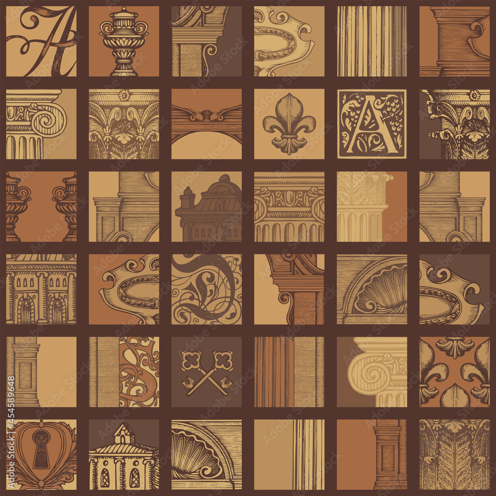Poster abstract seamless pattern in vintage style on theme of ancient architecture and art. vector backgrou