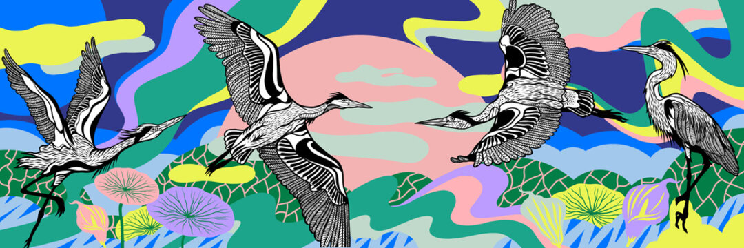Flying herons over landscape with pattern and sunset
