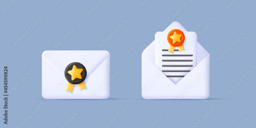 Poster 3d render illustration of envelop with stamp and open with letter, digital web icon style