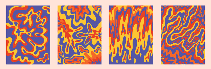 vintage vector interior posters in hippie style.70s and 60s funky and groove postcards.Psychedelic patterns with waves, brush, paint stains.Tie dye abstract shapes for wallpaper and background.