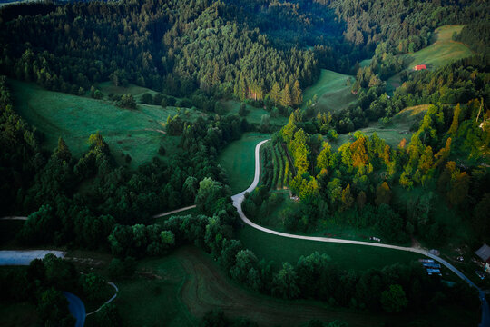 aerial shot of some road serpentines in Schnait, valley Remstal in Germany. countryside road.