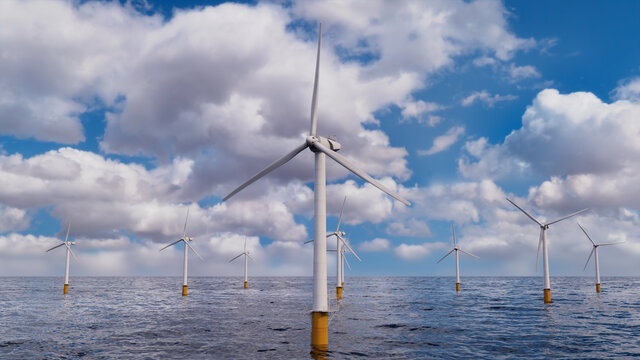 Wind Turbines. Offshore Wind Farm on a Cloudy Afternoon. Sustainable Electricity Concept.