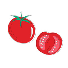 Hand drawn colorful red tomato. Set sketches with cut tomato, slice of tomato and tomatoes branch. Vector illustration isolated on white background.