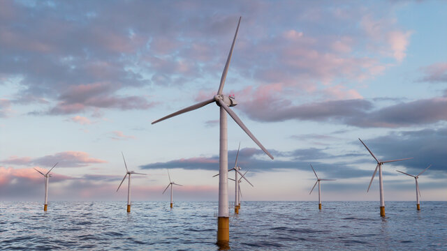Wind Turbines. Offshore Wind Farm at Dusk. Clean Energy Concept.