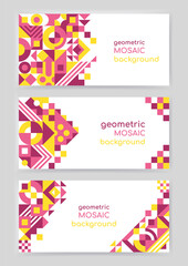 Set of geometric mosaic backrounds. Creative trendy concept, futuristic dinamic texture. Vector illustration, flat, simple shapes, modern art. Template for flyer, banner, invitation, trifold, leaflet