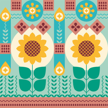 Agriculture background with abstract sunflowers. Sunflower pattern, ornament. Vegetable oil. Vector illustration, flat, geometric mosaic. Design for book, brochure, catalog, packaging, fabric, textile