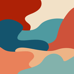 Colorful (red, orange, beige, navy blue, blue, turquoise) abstract composition with wavy patches decoration