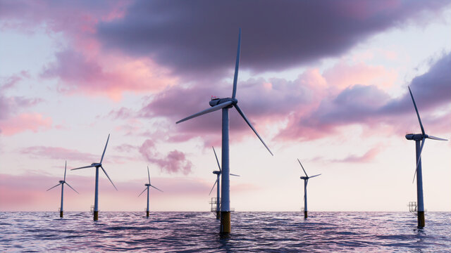 Wind Power. Offshore Wind Turbines at Dusk. Renewable Energy Concept.
