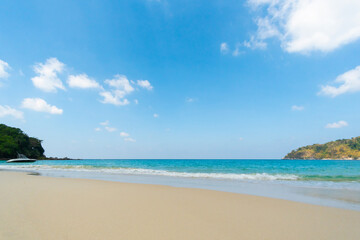 Fototapeta na wymiar Nature landscape view of beautiful tropical beach and sea in sunny day. Beach sea space area