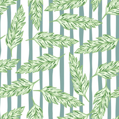 Abstract leaves seamless pattern on stripes background. Vintage floral background.