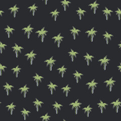Decorative abstract seamless pattern with green little random palm tree elements. Dark background.