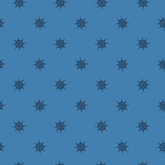 Hand drawn seamless nautical pattern with little ship rudder ornament. Blue background. Adventure sea print.
