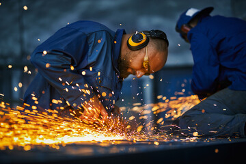 Group of two craftsmen in protective uniform welding metal construction. Spark from metalworking....