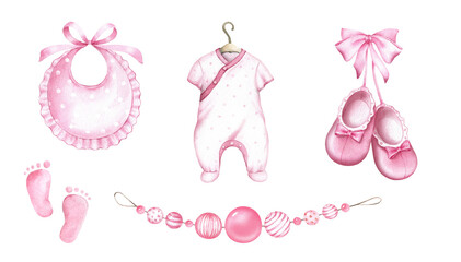 Newborn Baby Girl clipart set.Accessories for a newborn; baby girl.Watercolor hand painted illustrations isolated on white background. - 454595494