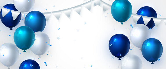 Elegant blue ballon and ribbon Happy Birthday celebration card banner template background - obrazy, fototapety, plakaty