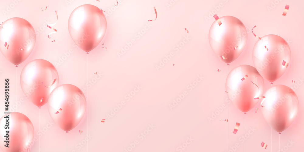 Wall mural Elegant golden rose pink ballon and party propper ribbon Happy Birthday celebration card banner template background - Wall murals