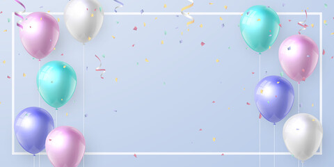Elegant realistic pastel color ballon and ribbon Happy Birthday celebration card banner template background - obrazy, fototapety, plakaty
