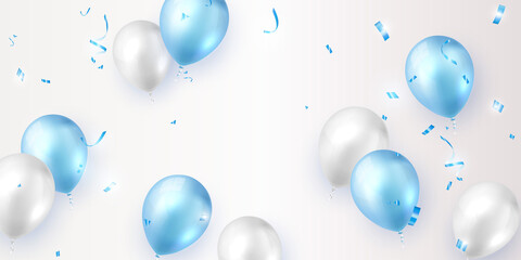 Elegant blue white ballon and party propper ribbon Happy Birthday celebration card banner template background