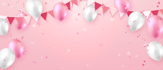 Elegant vibrant pink ballon and party propper ribbon flag Happy Birthday celebration card banner template background