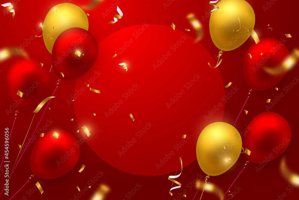 Wall mural Elegant luxury golden red ballon and party popper ribbon Happy Birthday celebration card banner template background