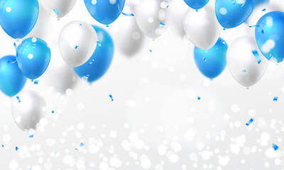 Elegant golden blue silver white ballon and party popper ribbon Happy Birthday celebration card banner template