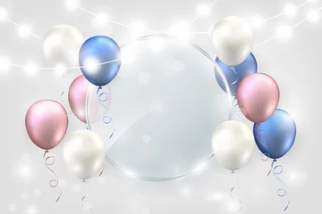 Fotobehang Elegant blue purple pink white ballon and decorative lighting chains round transparent glass plate Happy Birthday celebration card banner template © Phoebe Yu