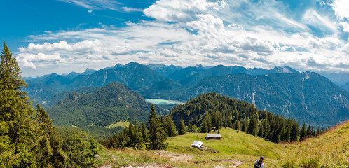 Panoramic Aerial view of Alp Lake Walchensee and the alpine Hut -  Staffel. Bavarian Prealps in...