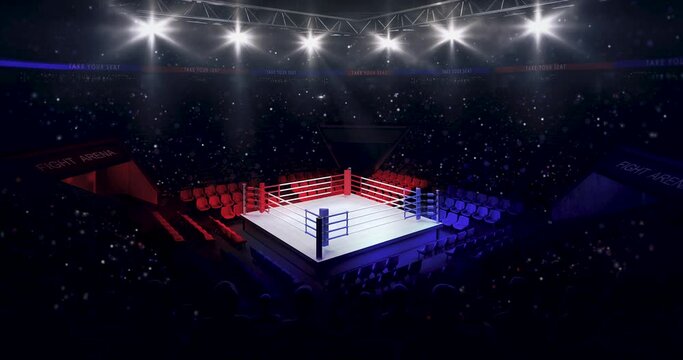 Boxing ring from upper view. Animation of sport arena with fans and spotlights light up. Indoor sport 4k video background.	
