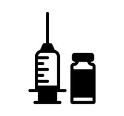 Syringe and bottle of vaccine small illustration. Simple vector illustration of a vaccine. Idea of vaccine injection for protection from disease. Medical treatment and healthcare. Vector black icon.
