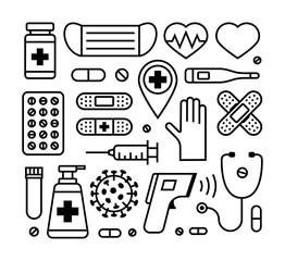 Vector medical icon set. Line icons. Sign and symbols in flat linear design. Medicine and Healthcare. Great for elements for mobile concepts and web apps and more. Simple black illustration.