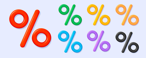 Set of 3d icon of percent symbol, rounded soft illustration in different colors