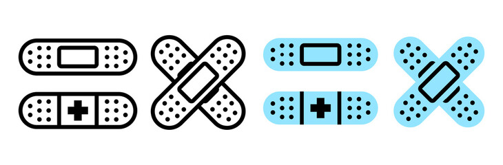 Bandage plaster icons. Minimalistic, flat, line first aid plaster. Black and blue color patches. Stroke Icon Pictogram Symbol Modern, isolated on white background.