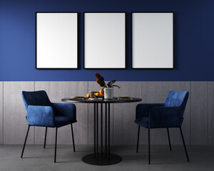 Poster frame mockup in living room interior with blue chair, black table and bright decoration in dark blue background, 3d render