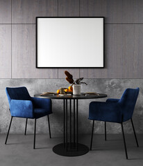 Mock up frame in cozy modern dining room interior with blue chair, 3d render