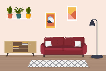 Modern living room interior. Comfortable red sofa, lamp, carpet, wooden furniture and house plants. Flat style vector illustration.