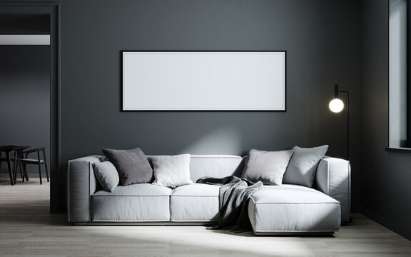 Poster frame mock up in modern living room interior background with light gray sofa and gray wall, minimalistic scandinavian style, 3d illustration