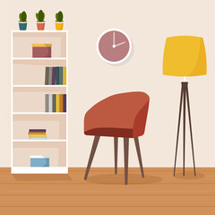 Modern living room interior. Cozy red armchair, floor lamp, bookcase and house plants. Flat style vector illustration.